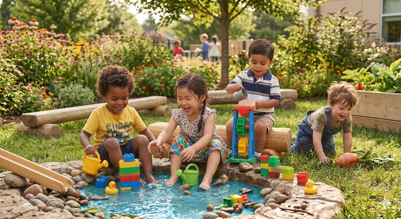 Four children playing by a small pond in a garden with flowers. One boy is pouring water from a yellow watering can into the pond. Two girls are sitting with their feet in the water, one girl has a green watering can. A boy is pouring water into a toy funnel. They are all smiling and enjoying the outdoor play.