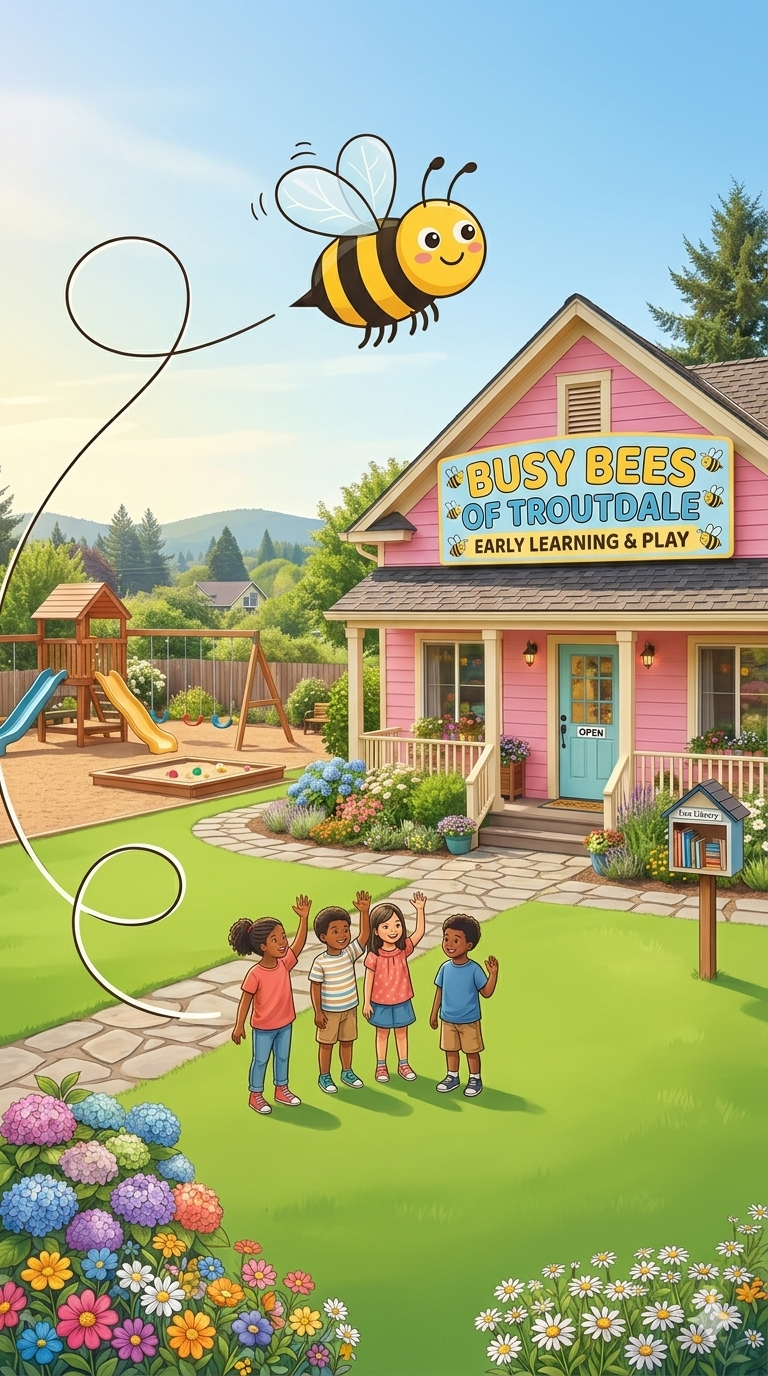 Colorful illustration of a building called 'Busy Bees of Troutdale Early Learning & Play' with a playground in the background, a bee balloon flying above, and four children waving in front of the building surrounded by flowers.