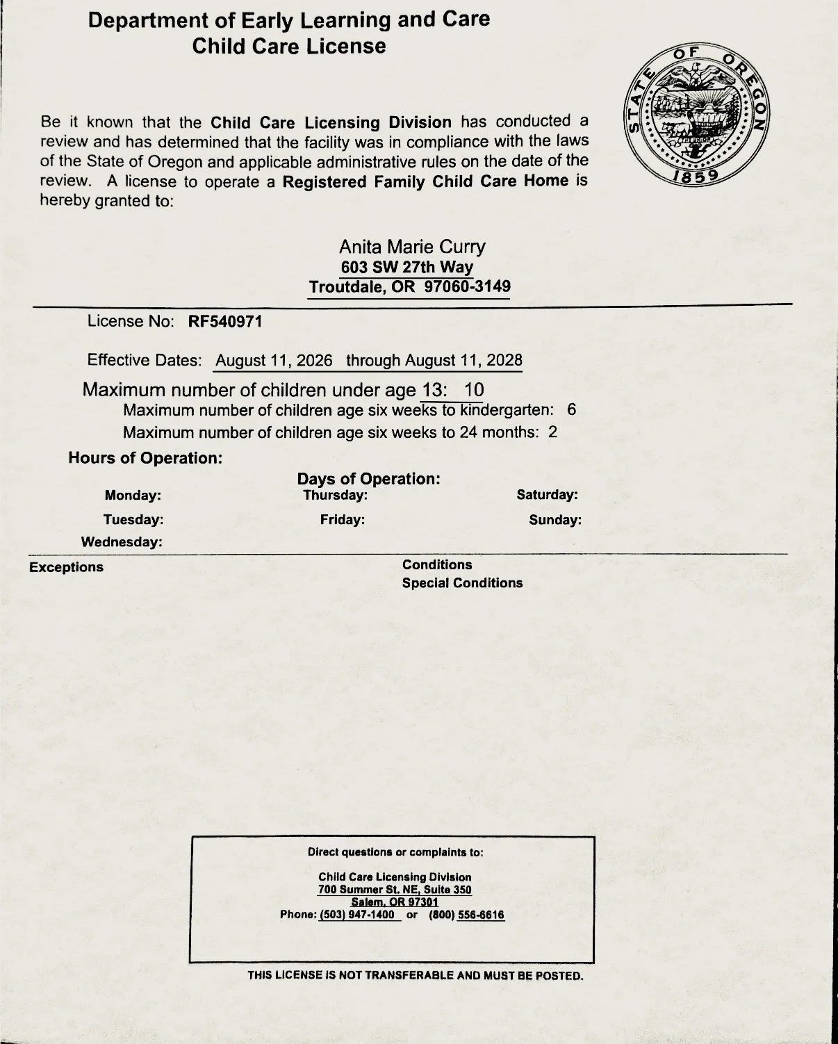 Oregon child care license certificate issued to Anita Marie Curry, valid from August 11, 2026, to August 11, 2028, for operating a registered family child care home in Troutdale, Oregon, with details about license number, maximum children allowed, operation days, and contact information.