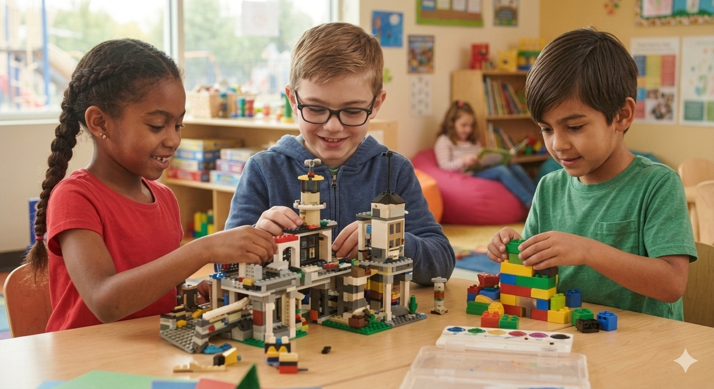 Three children playing with building blocks and LEGO set at a table in a classroom