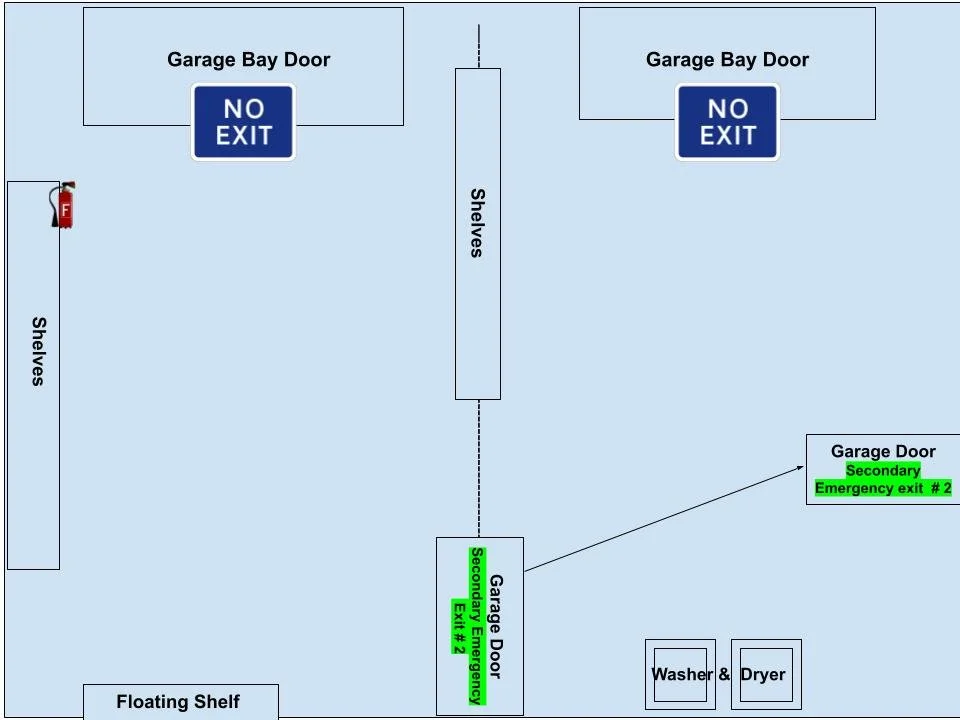 Floor plan of a garage with labeled doors, shelves, a floating shelf, a washer and dryer, and emergency exits marked in green.