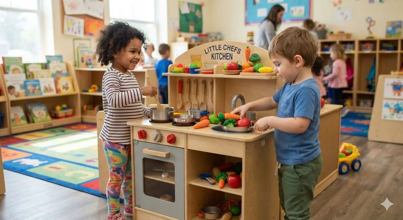 Two children playing with toy kitchen set in a classroom, pretending to cook with plastic vegetables and pots. Other children and educational materials are visible in the background.