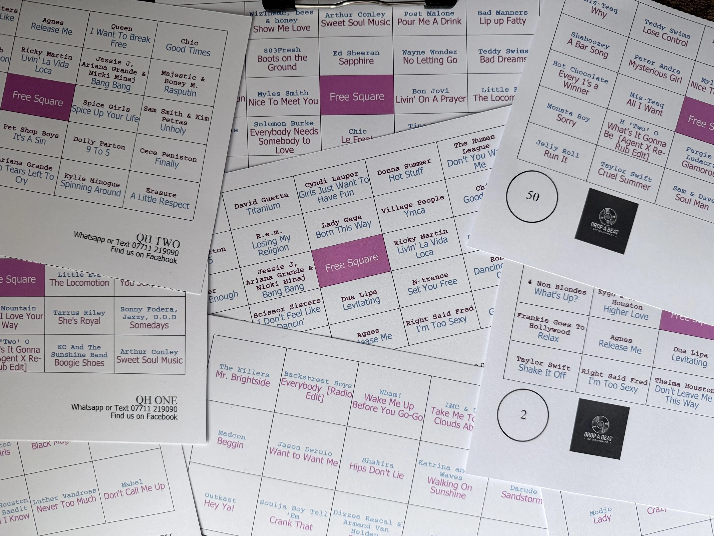 Multiple pages of a song playlist or karaoke list, with song titles and artists in a grid format, some highlighted in pink and others in blue.