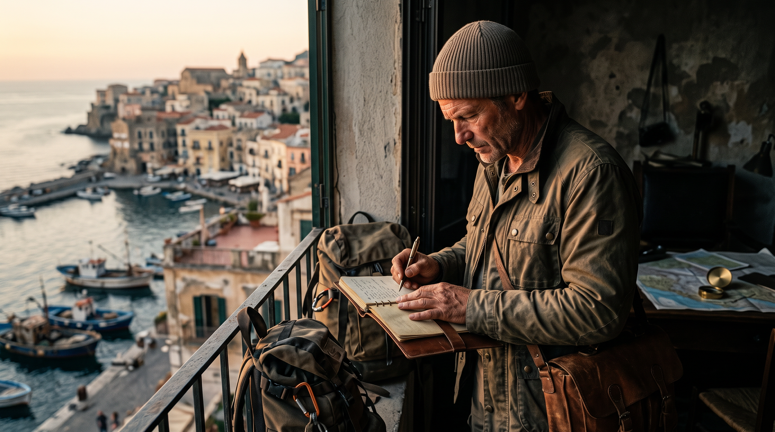 Man in gray beanie and tan jacket writing in notebook on balcony overlooking harbor with boats and colorful buildings from a branded documentary production