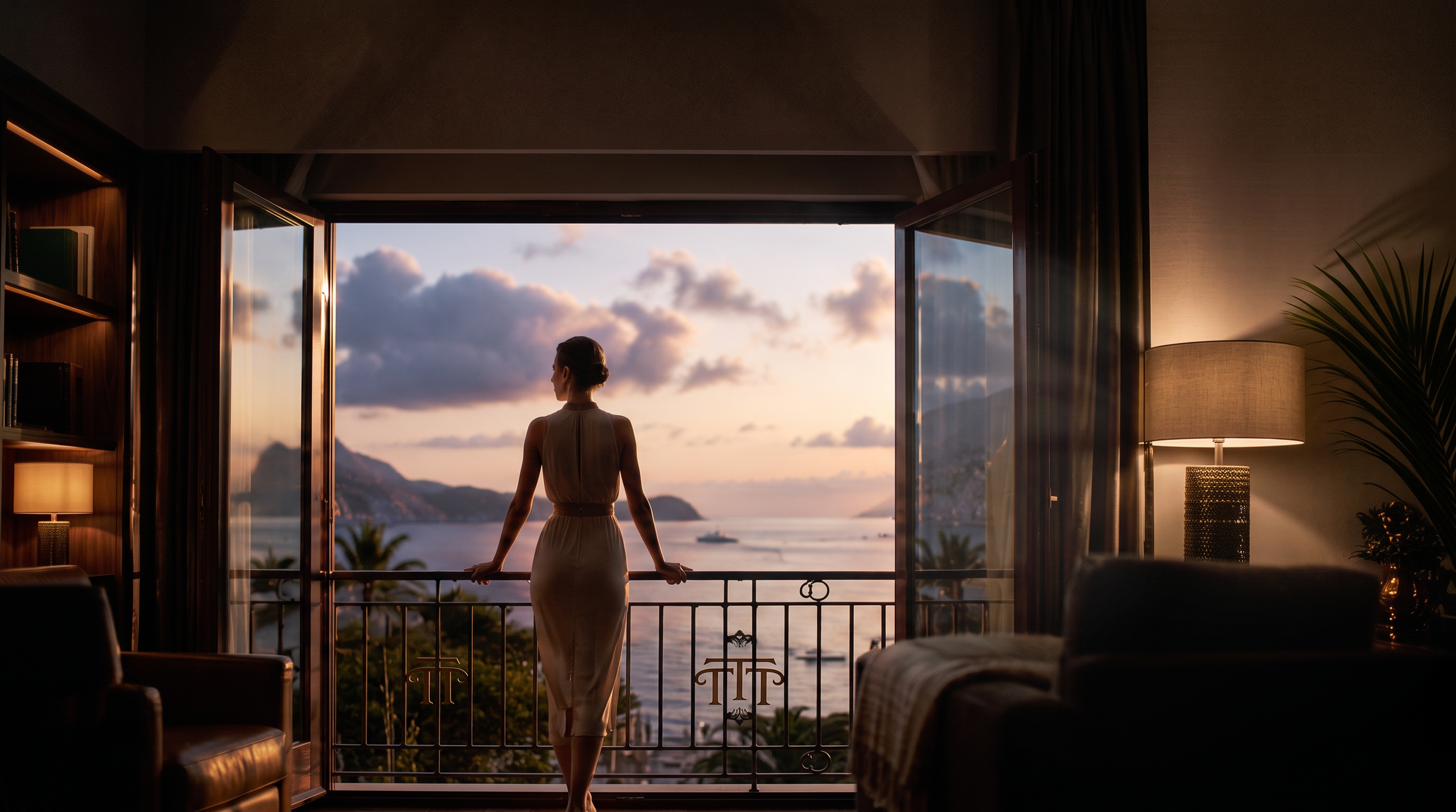 A woman in a white dress standing on a balcony overlooking a body of water and mountains at sunset, inside a warmly lit hotel room from a hotel video shoot