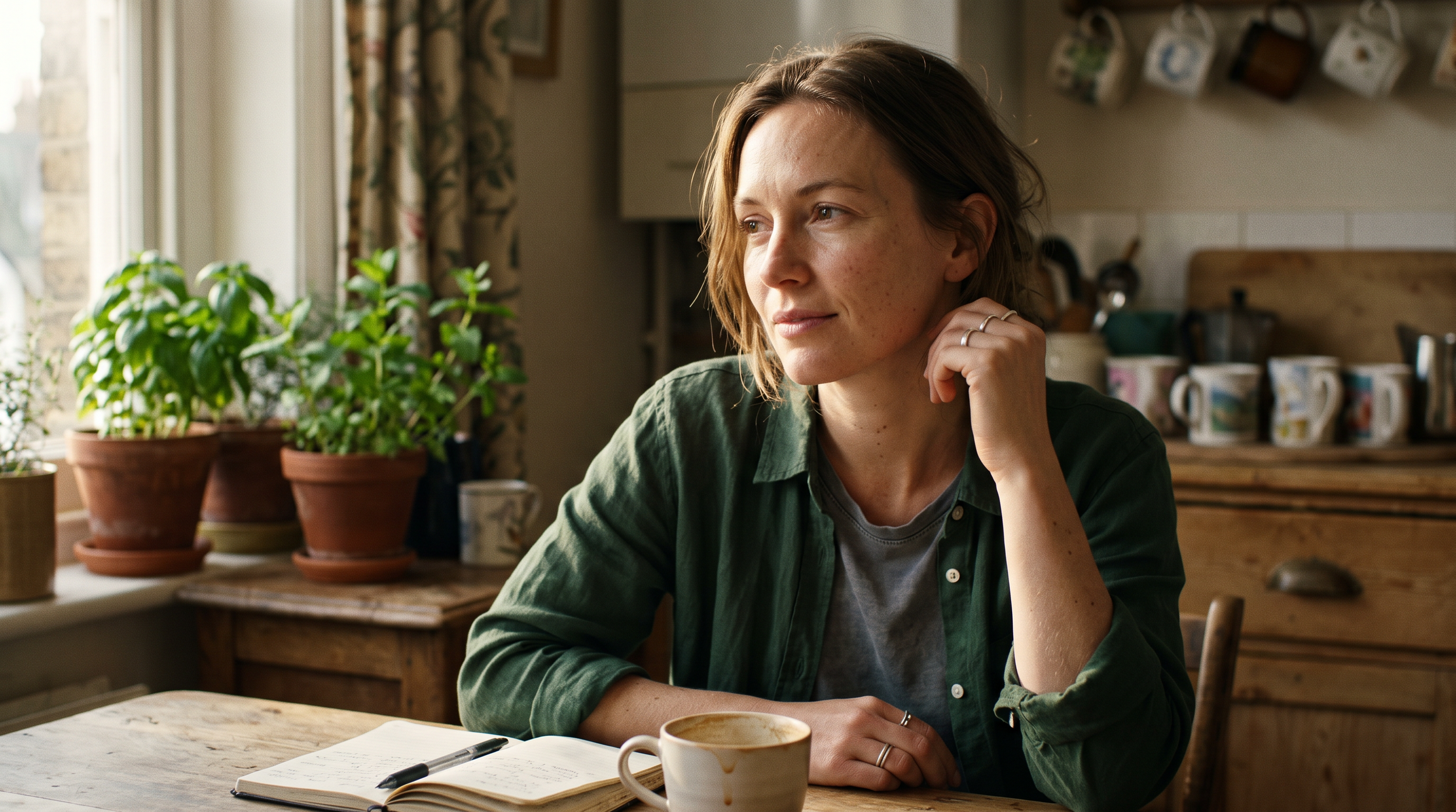 A woman with short brown hair and freckles, wearing a green shirt, sitting at a wooden table in a cozy kitchen, looking thoughtfully out the window. There are potted plants and coffee mugs on the table and shelves. This was a pharmaceutical shoot