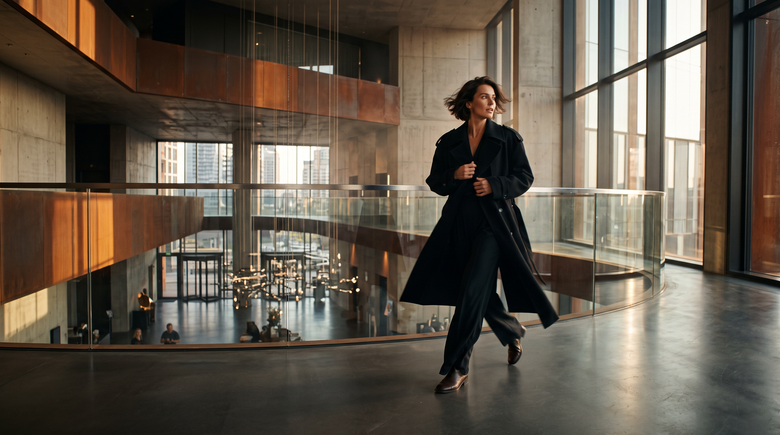 A woman in a black coat and black pants walking inside a modern building with large windows and wooden accents on a fashion shoot