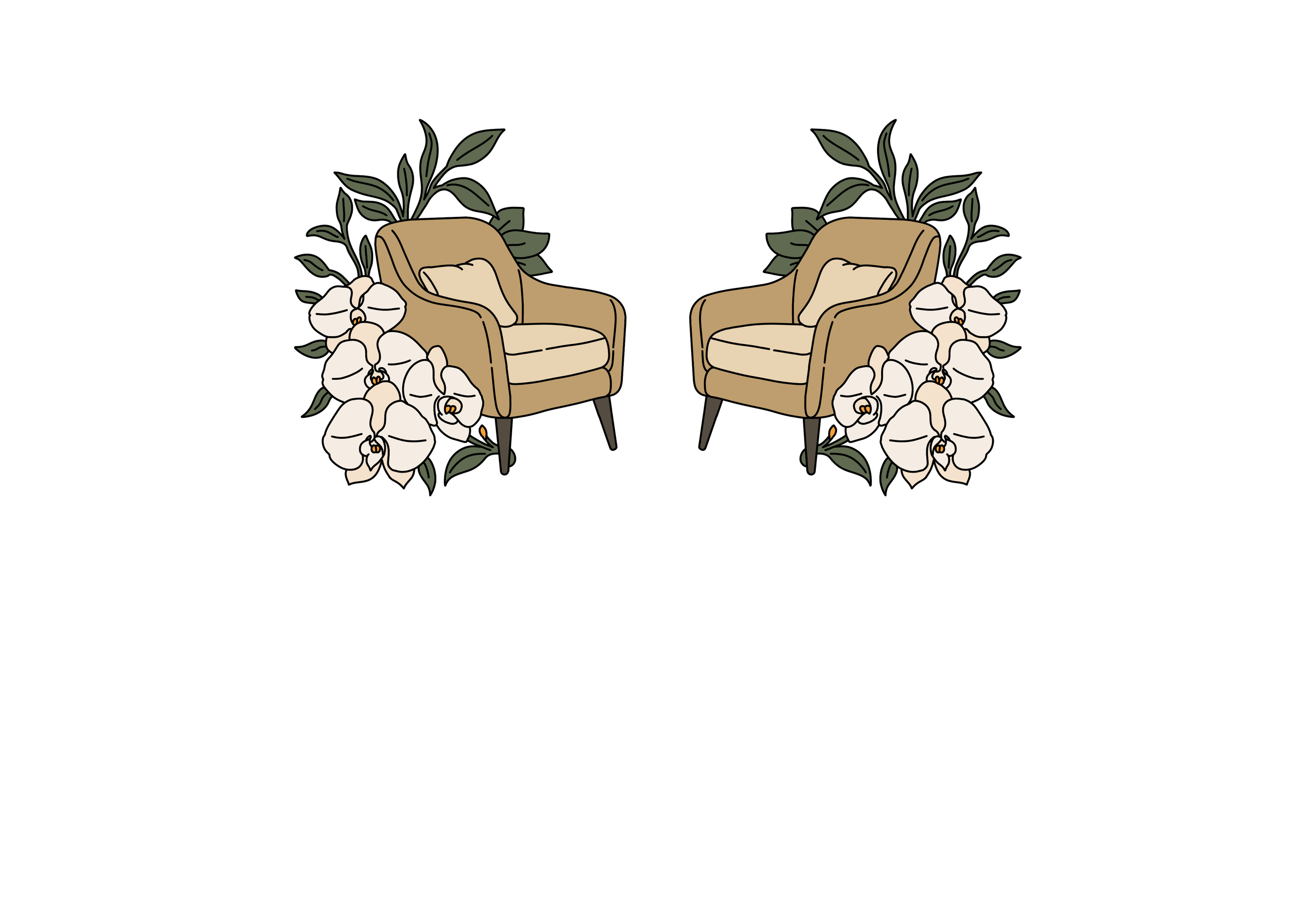 Two beige armchairs with pillows surrounded by white orchids and green leaves on a black background.