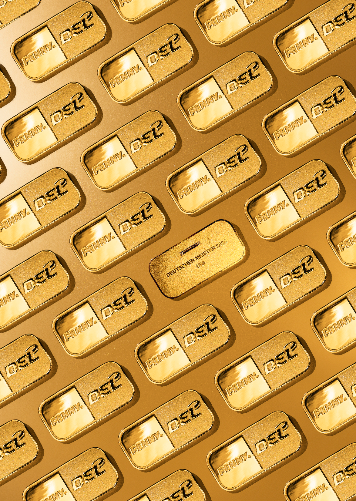 A close-up of "PENNY DEL" gold medals. One medal has a German label reading "DEUTSCHER MEISTER 2024 150".