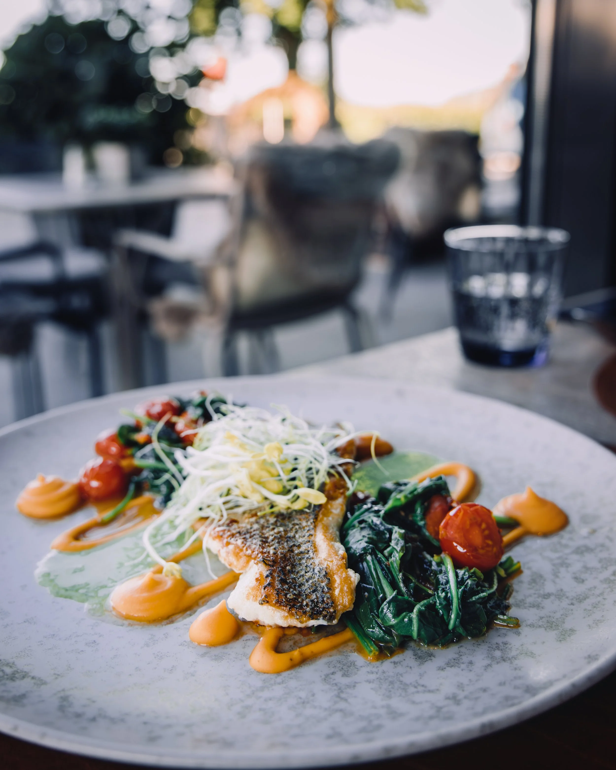 Close-up of a plated fish dish with vegetables and sauce, on a table outdoors.