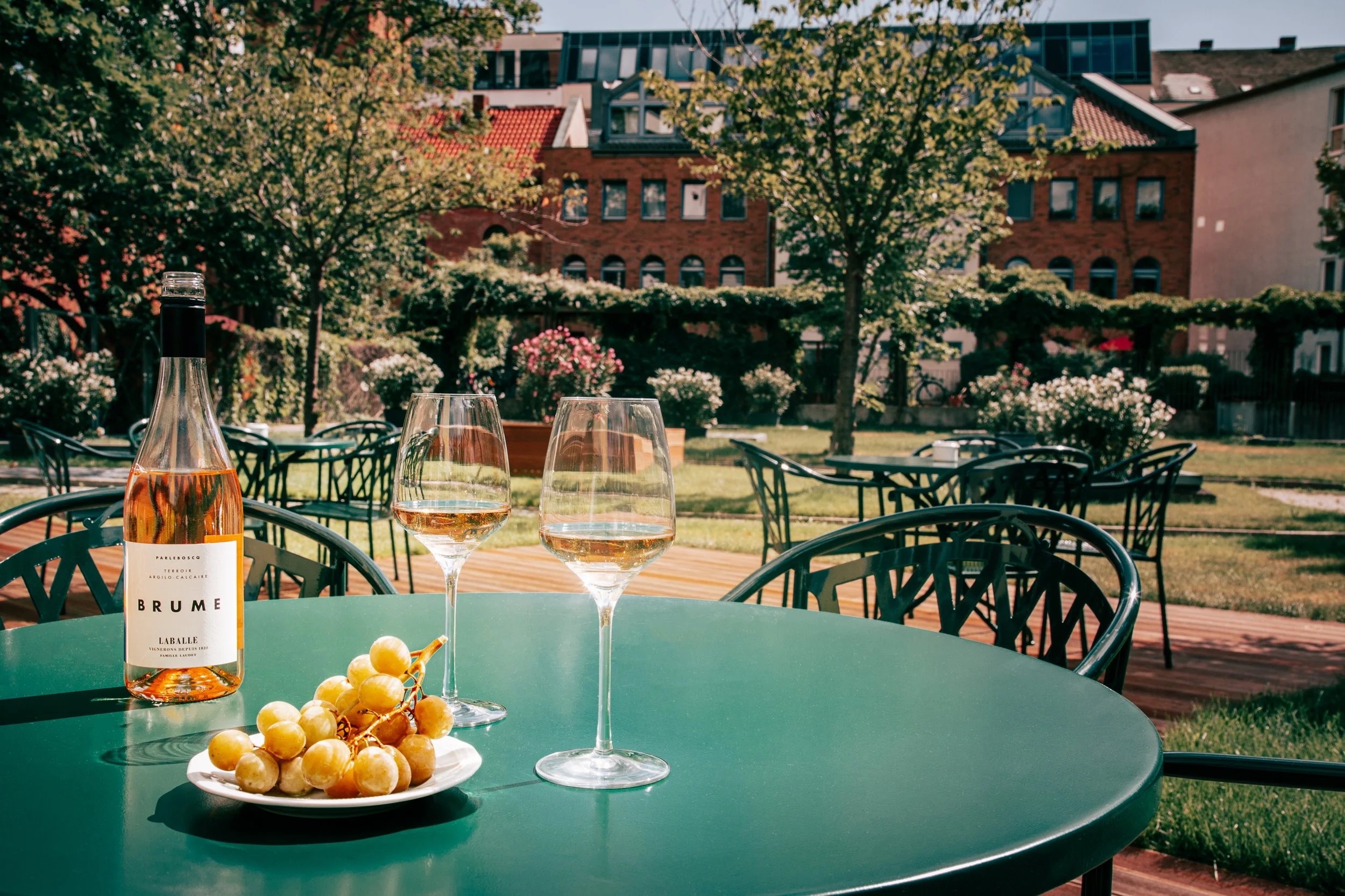 A green outdoor table set with a bottle of rosé wine, two glasses of rosé, and a plate of white grapes. In the background, there are black chairs, lush green trees, flowering bushes, and residential buildings under a clear sky.