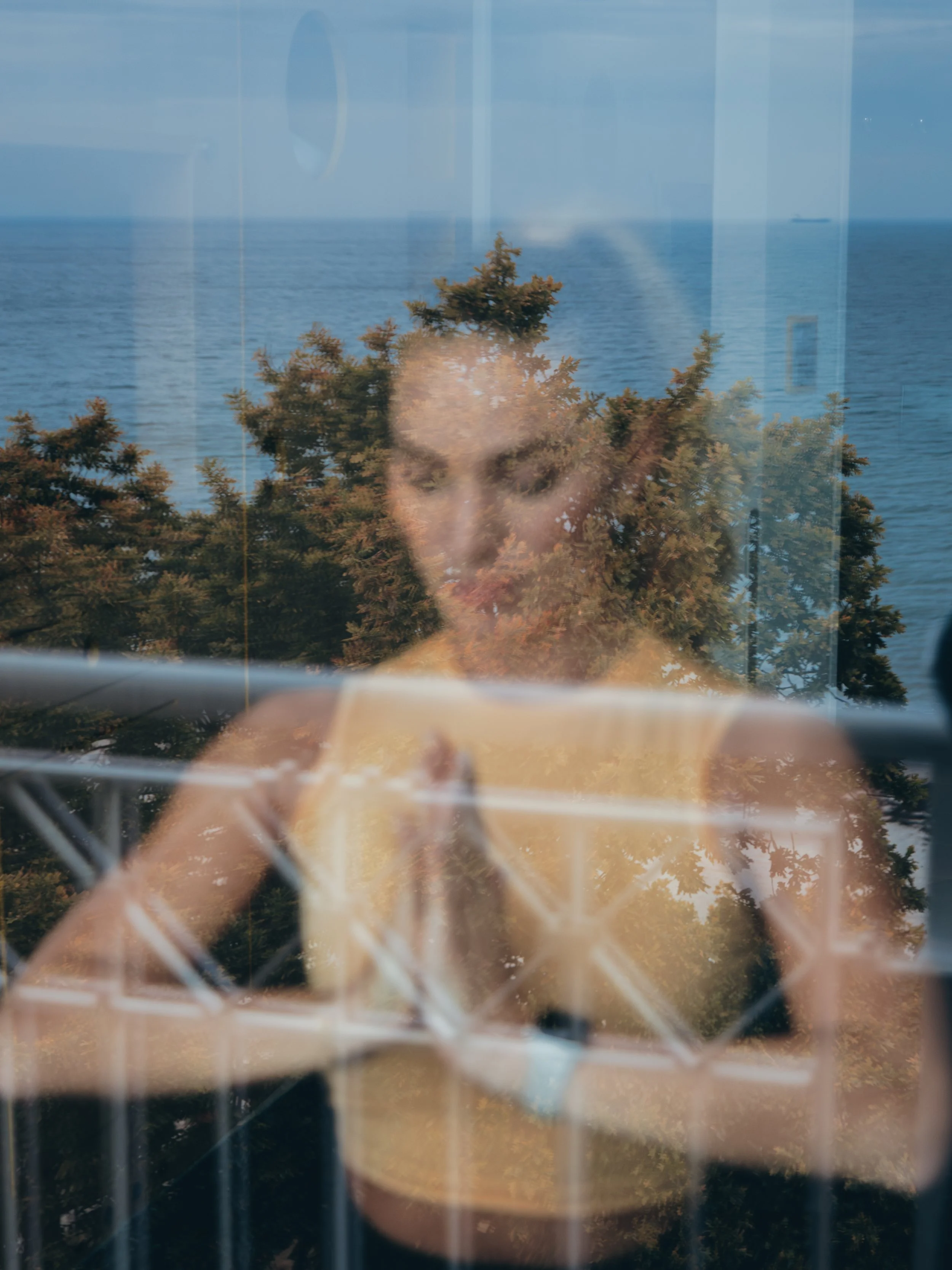 A reflection of a person's face and hand on a window, with a view of the ocean, trees, and sky outside.