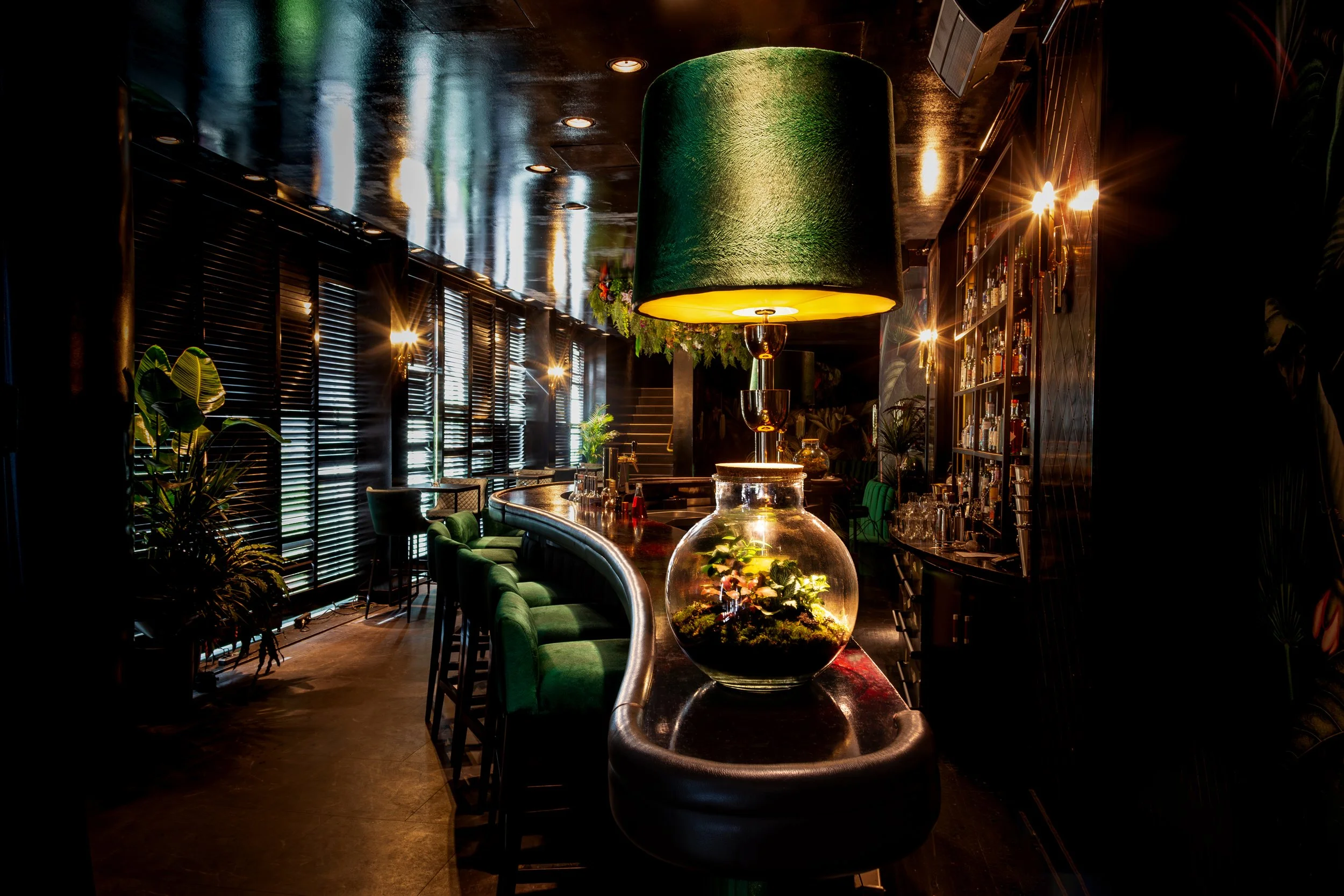 A dimly lit bar with a curved black counter, green chairs, large green lampshade, a glass terrarium with plants, and shelves stocked with bottles.