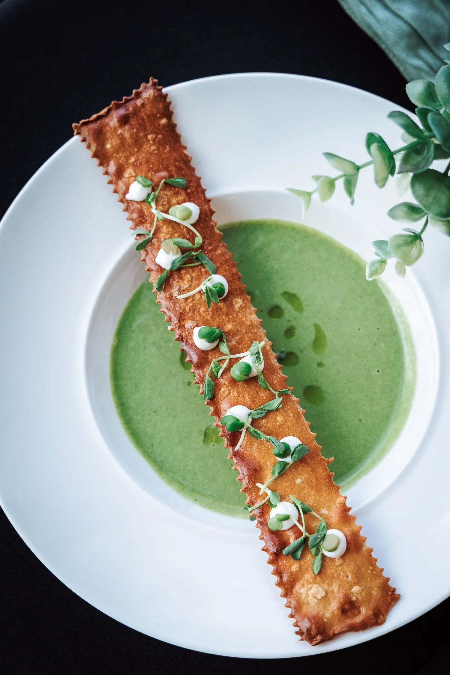 A white plate with green soup garnished with microgreens, garnished with a long, crispy, battered snack topped with microgreens and dollops of white sauce, and a green plant on the side.