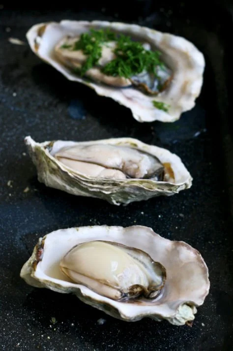 Three open oysters on a black surface, one garnished with chopped green herbs.
