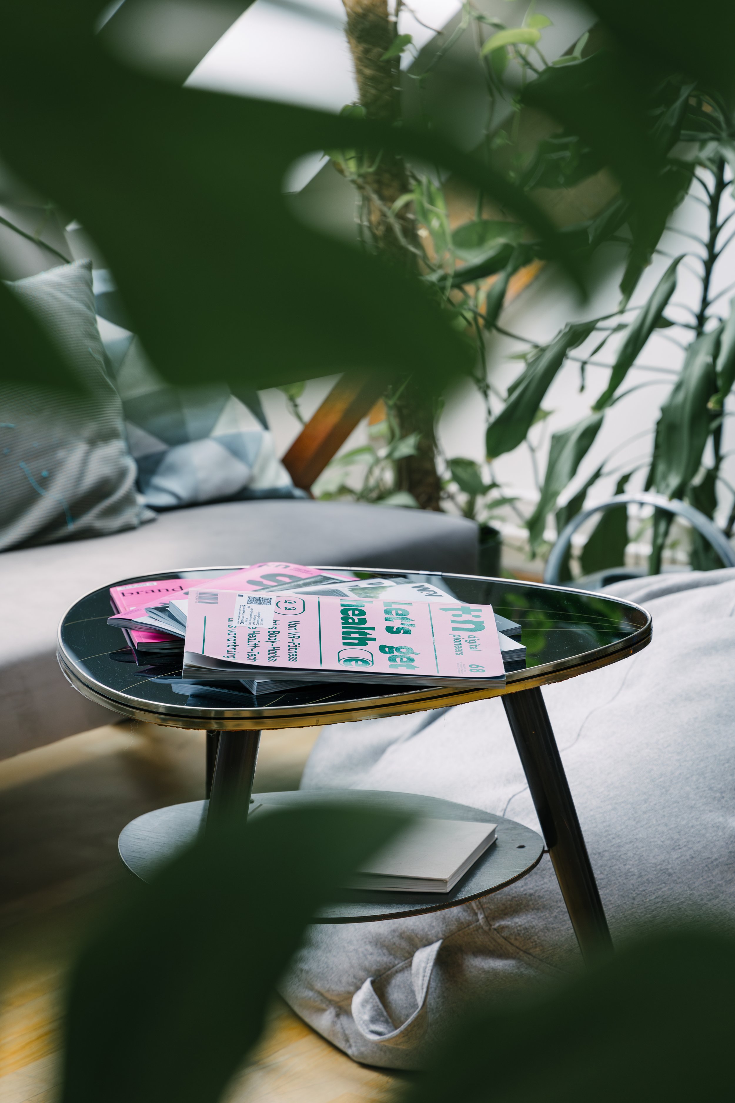 A round black coffee table with colorful magazines on it, in a cozy living space with a gray sofa, cushions, and large green plants.