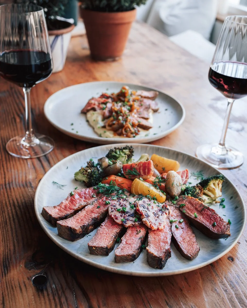 Plate of sliced steak with vegetables and chives, and a second plate with sliced roast beef topped with sauce, on a rustic wooden table, next to two glasses of red wine.