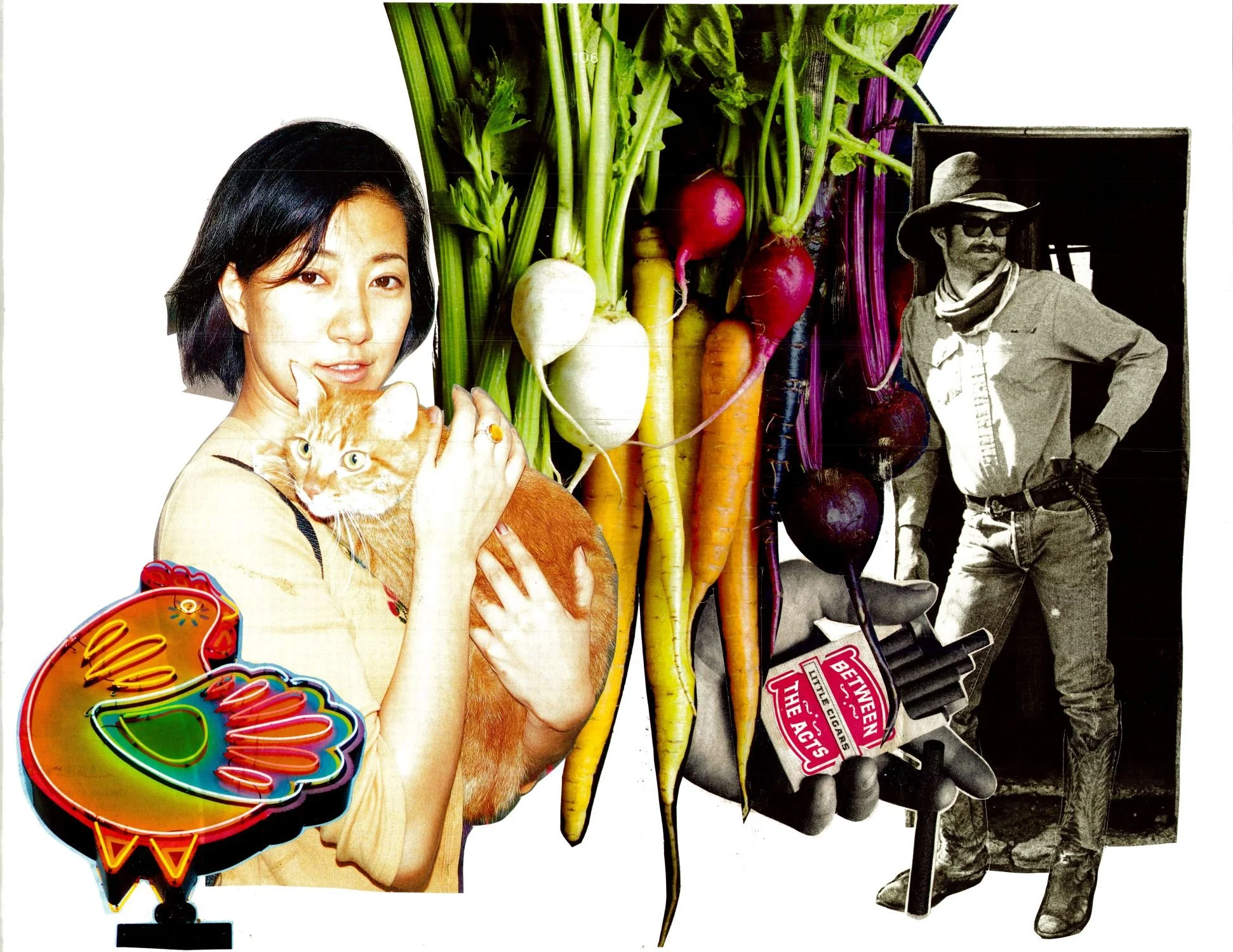A collage featuring a woman with black hair holding an orange cat, colorful neon sign, a bunch of radishes and carrots, a black and white photo of a man wearing sunglasses and a hat, and various parts of vintage advertisements and signs.