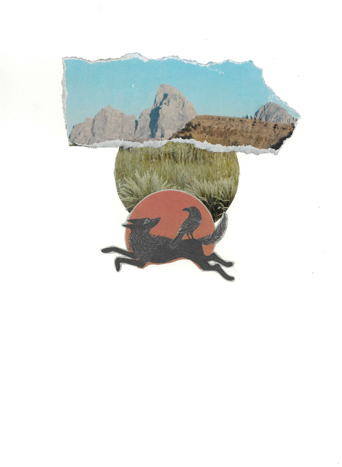 Collage of a mountain landscape, grass, and birds, with a illustrated wolf and bird in the foreground.