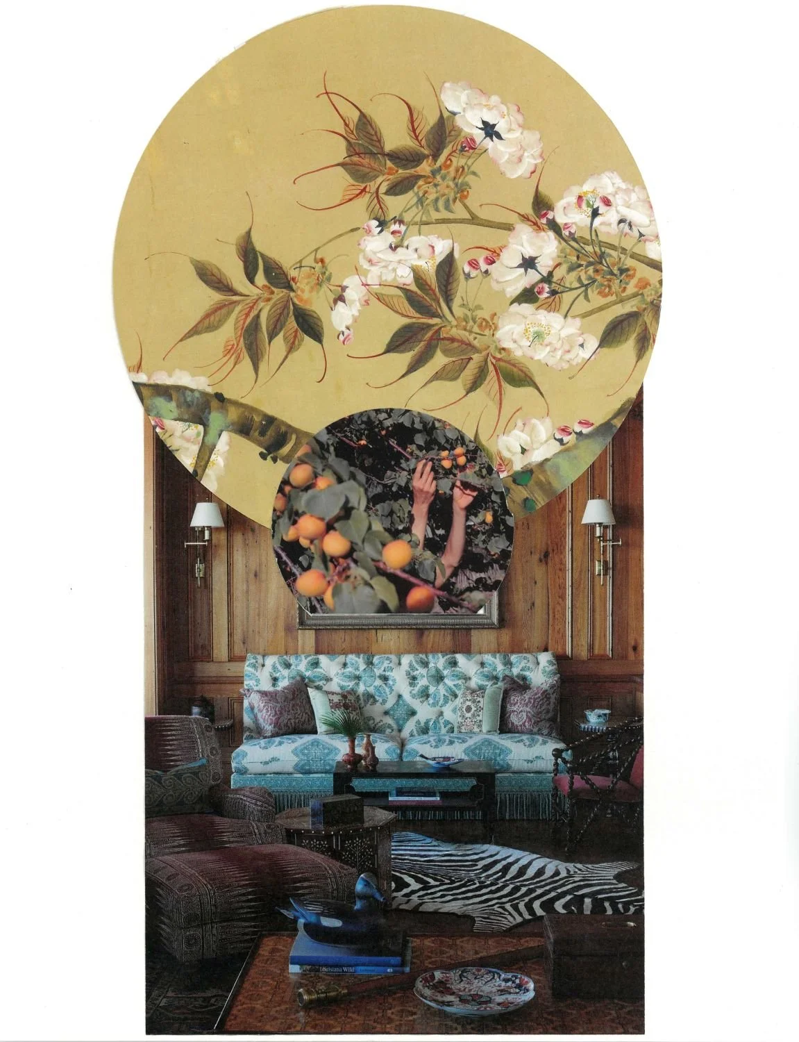 A living room with a wood-paneled wall, a sofa with patterned cushions, two wall-mounted lamps, a framed mirror, and a zebra-patterned rug. Two large circular artwork pieces feature branches with flowers and oranges, and a person picking oranges.