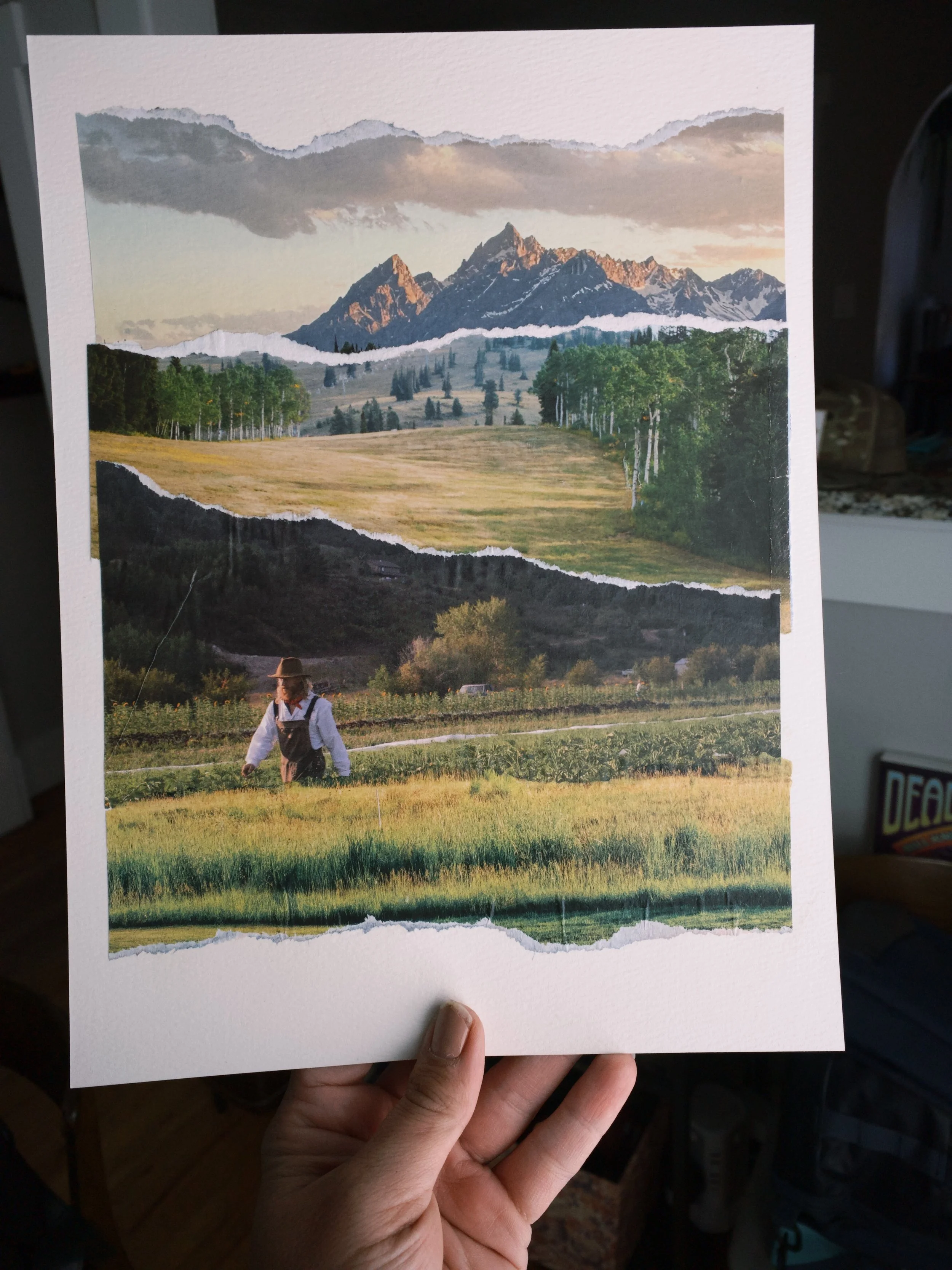 Collage of mountain landscape, field, farm, and farmer.