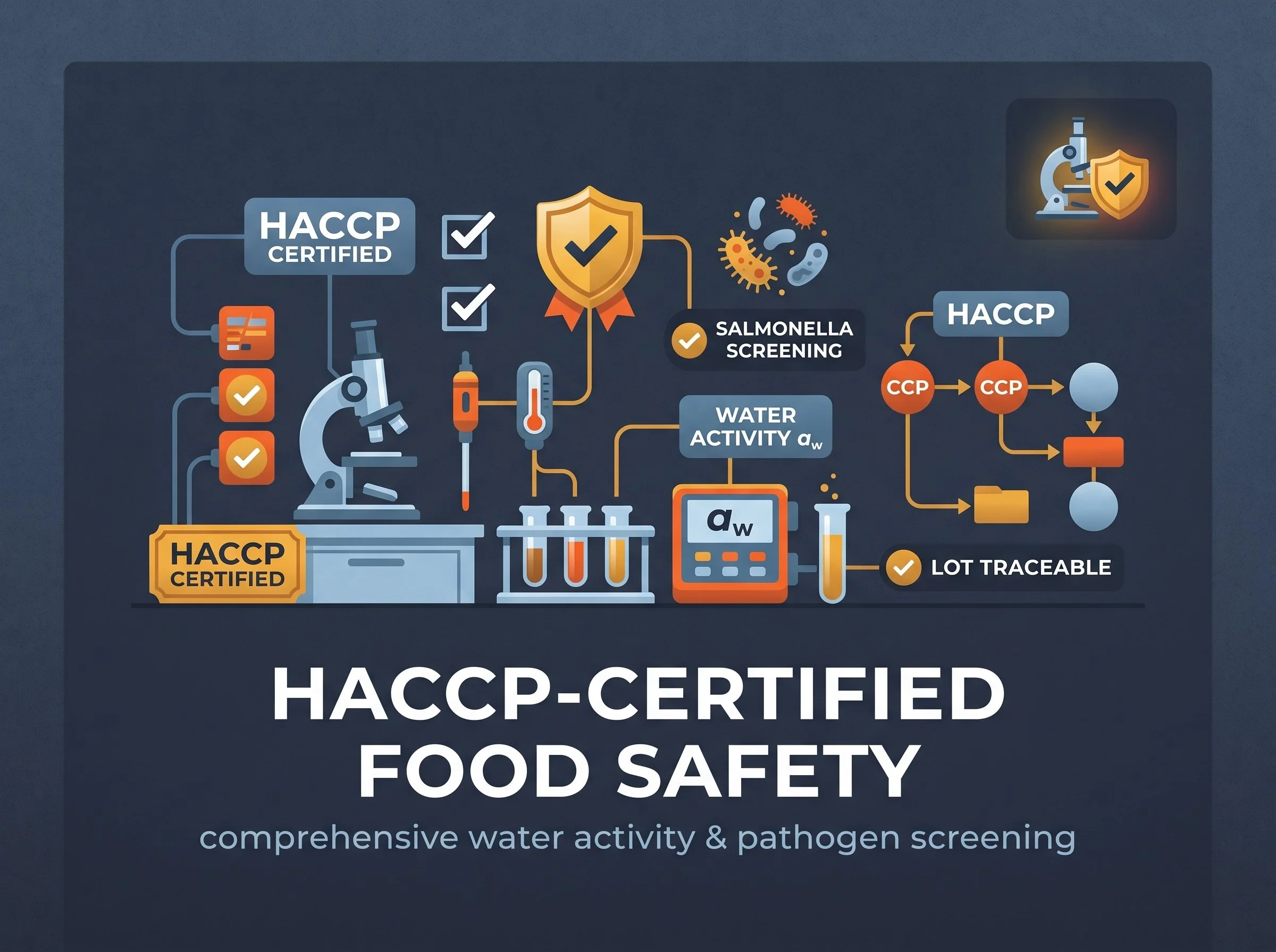 HACCP-certified food safety infographic featuring laboratory testing equipment, pathogen screening, water activity measurement, critical control points, and lot traceability