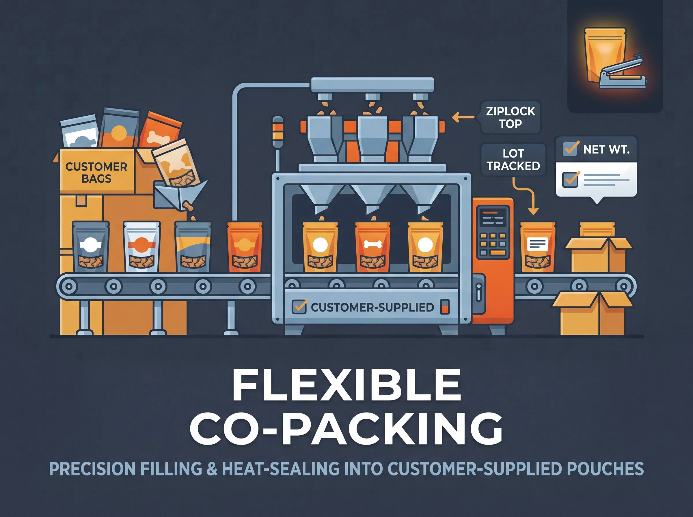 Illustration of flexible co-packing with customer-supplied pouches being filled, heat-sealed, lot-tracked, and packaged on a conveyor line.