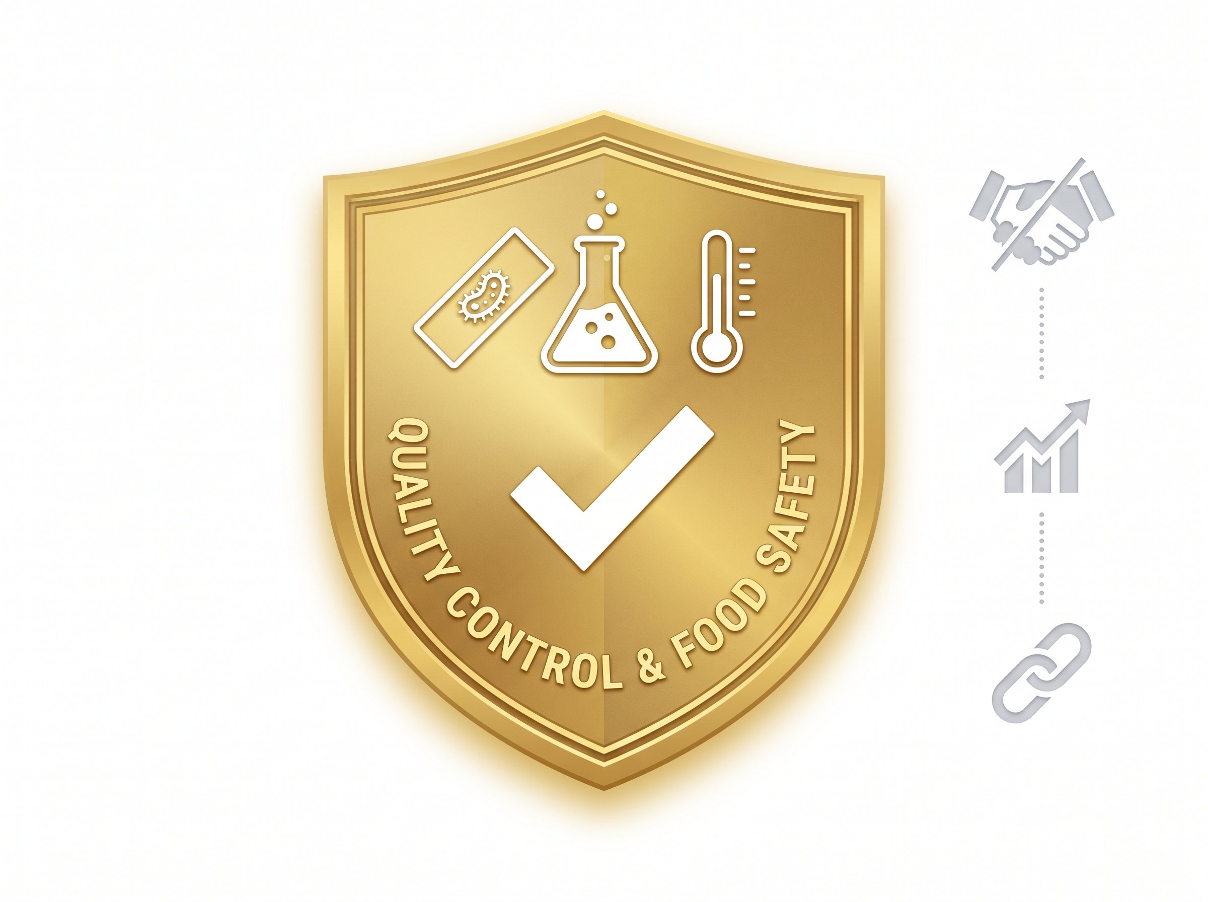 Gold shield emblem labeled “Quality Control & Food Safety,” featuring laboratory, thermometer, microorganism, and checkmark icons.