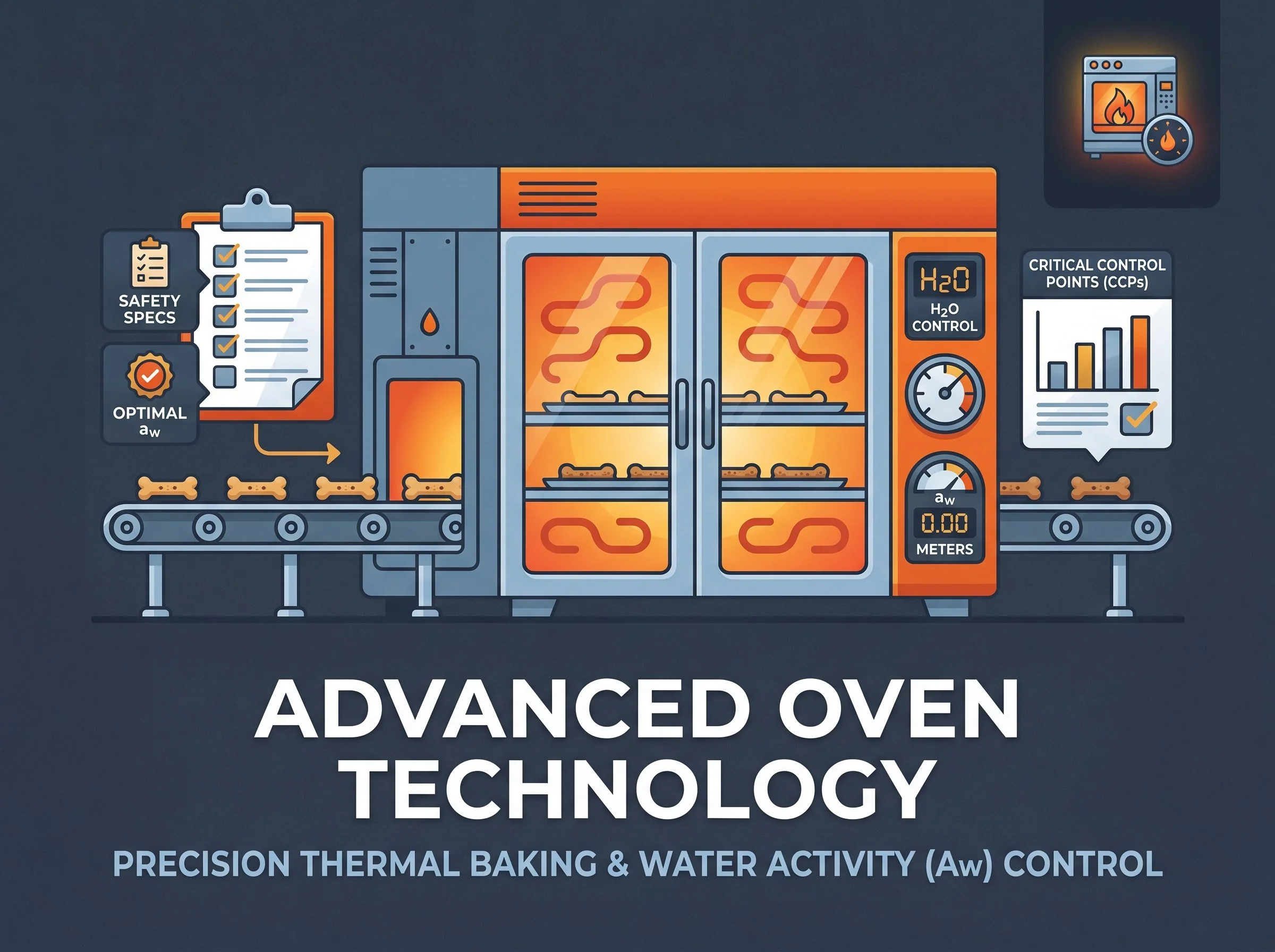 Illustration of advanced oven technology with conveyor-belt baking, safety specifications, water activity control, and critical control points