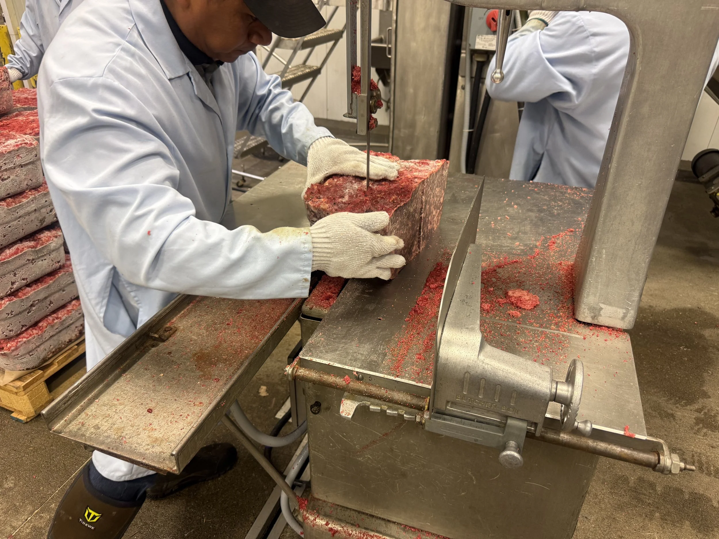 Meatpacking worker in protective clothing cuts a large block of ground beef with an industrial band saw.