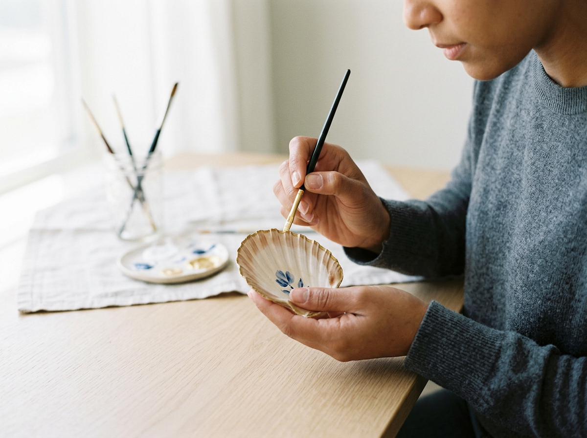 Person painting a  design on a real. oyster  at a wooden table with paintbrushes and paints in the background.