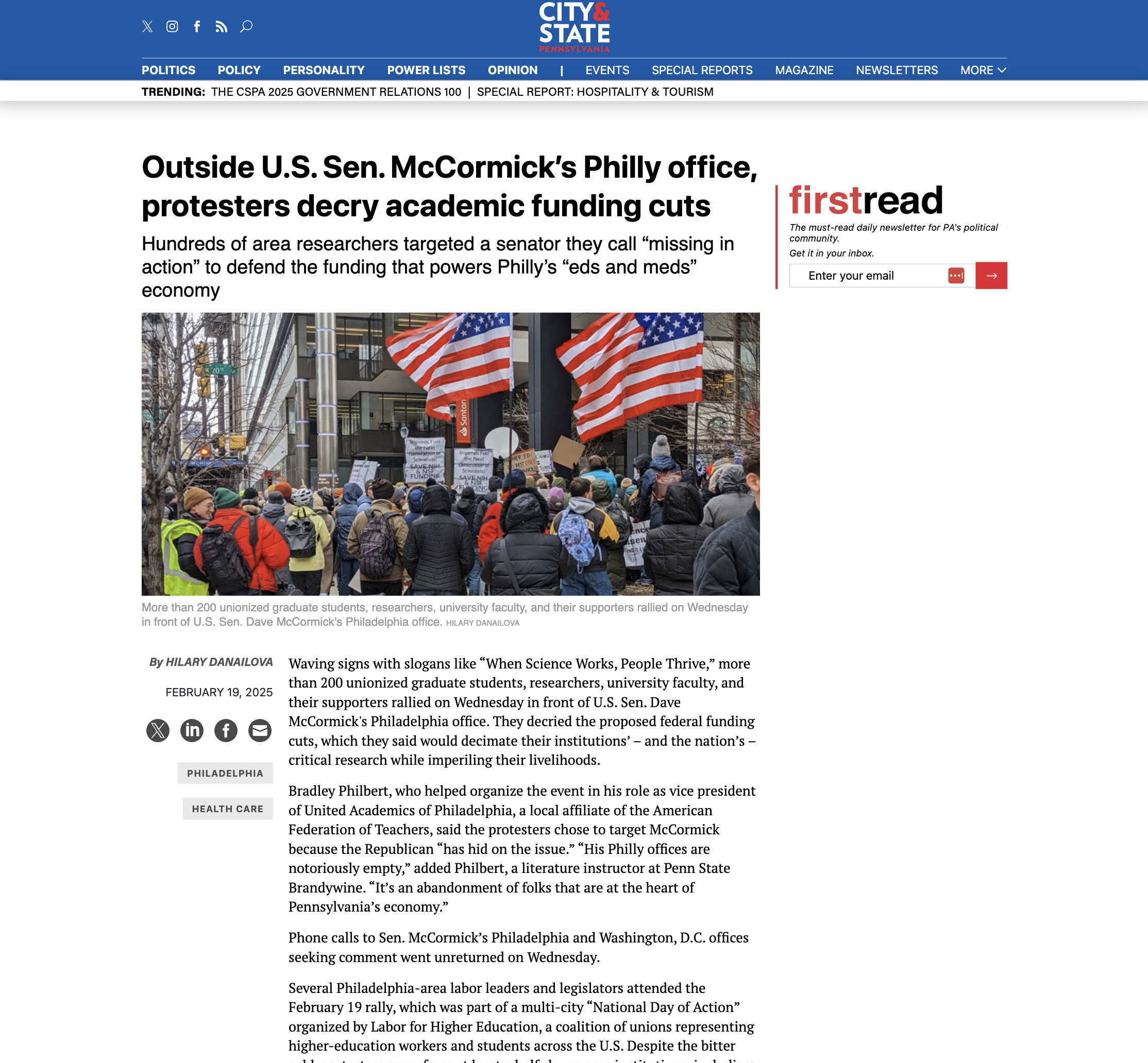 Outside U.S. Sen. McCormick’s Philly office, protesters decry academic funding cuts