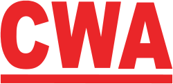 Close-up of red letters 'CWA' on a black background.