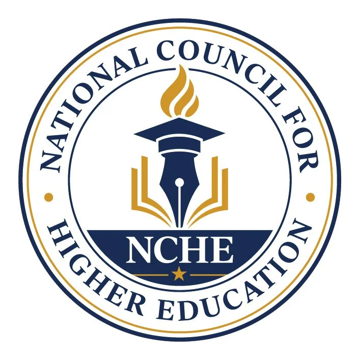 Logo of the National Council for Higher Education (NCHE) featuring a torch, a graduation cap, and a book, with the organization's name encircling the design.