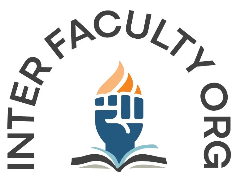 Logo for an educational institution with text 'INTERFACULTY ORG' encircling a stylized hand holding a flame above an open book.