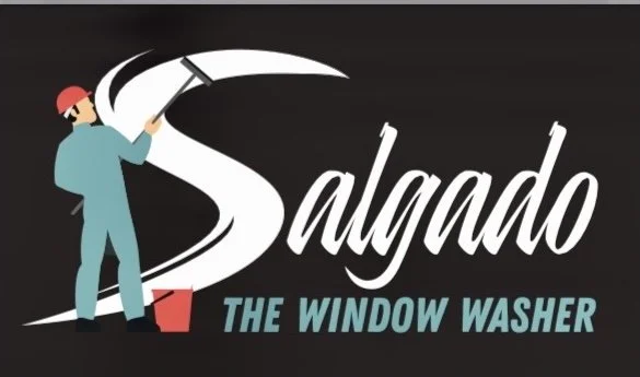 A logo for 'Salgado The Window Washer' featuring a person in a red helmet washing a window.