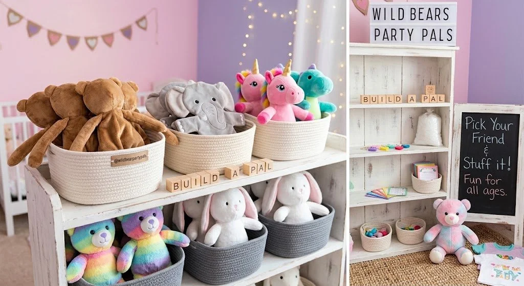Kids' craft and play area with plush toys, baskets, a white wooden shelf, string lights, and decorative signs, in a pink and purple themed room.