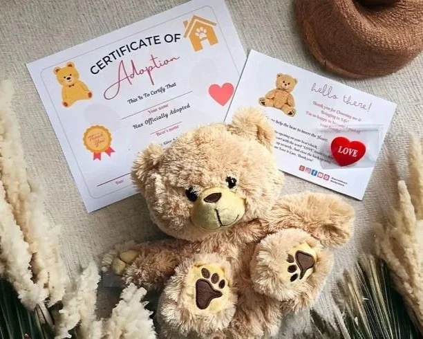 Teddy bear surrounded by certificates, notes, and craft materials on a table. The certificates are related to adoption.