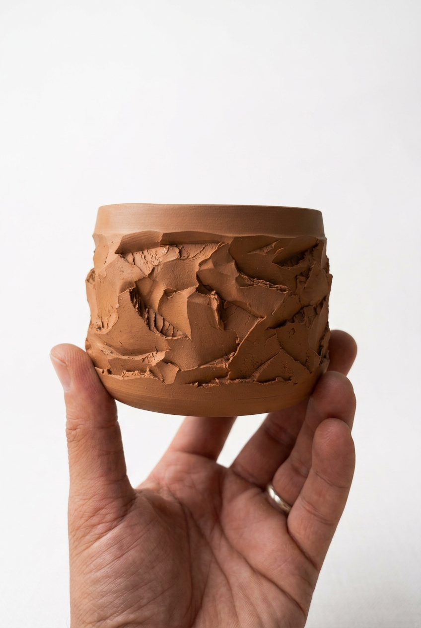 A hand holding a small, round clay cup with a textured, rough surface against a plain white background.