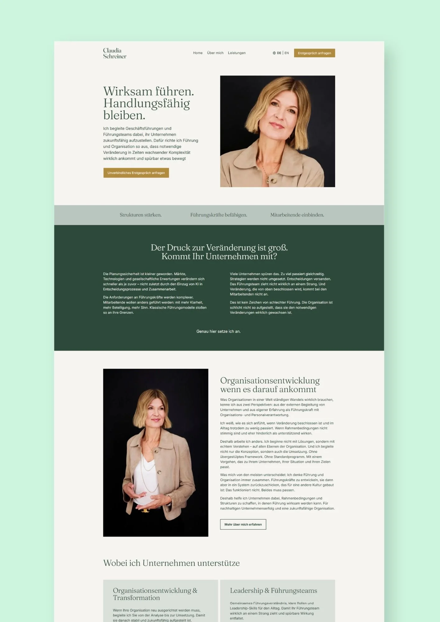 Showcase einer Squarespace Website einer Unternehmensberaterin mit ihrem Portrait, Navigation, Textblöcken und Kontaktbutton. Positionierung und Copywriting durch Bernd Lindemann.