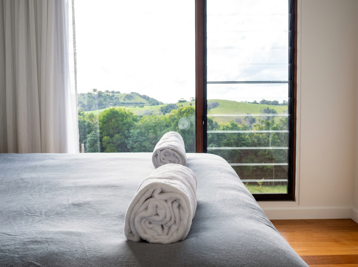 Guest-ready bedroom with fresh towels at a Byron Shire holiday home.