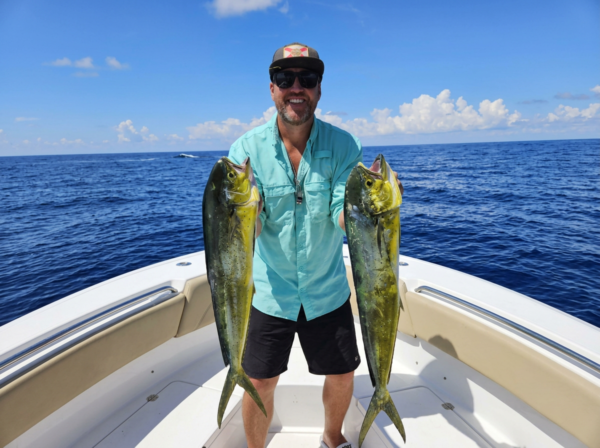 Man in sunglasses holding two large fish on a boat in the ocean with a blue sky and clouds in the background.