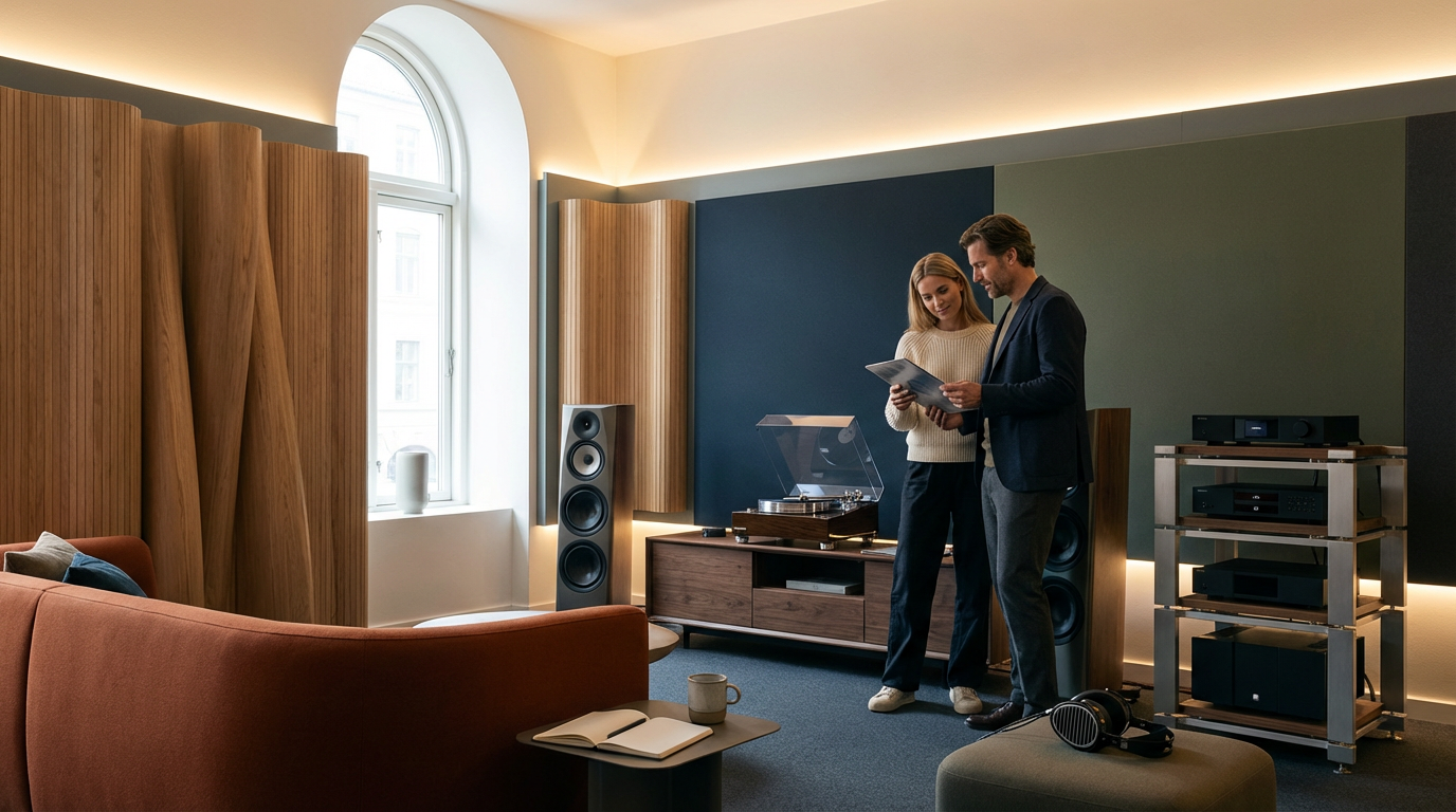 A man and woman are standing in a modern audio room, looking at a booklet. The room has wood acoustic panels, large speakers, a turntable, and audio equipment. There is a sofa with a book and mug on a small table.