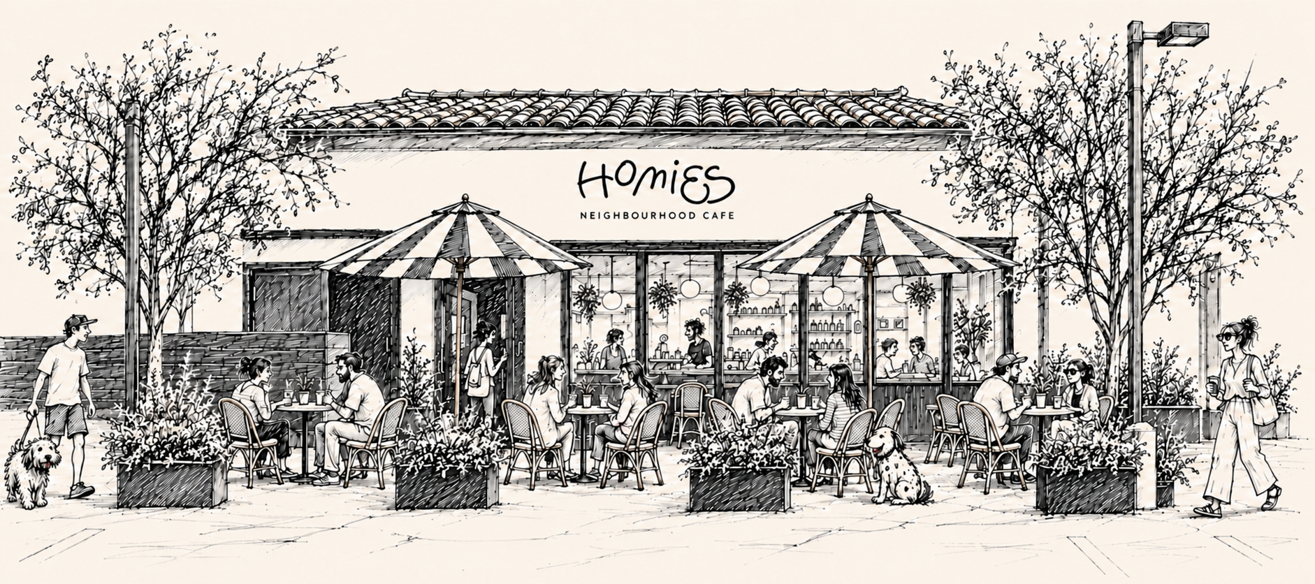 Drawing of an outdoor cafe named Homies Neighbourhood Cafe with people sitting at tables, dogs, trees, and large umbrellas, with indoor seating visible through windows.
