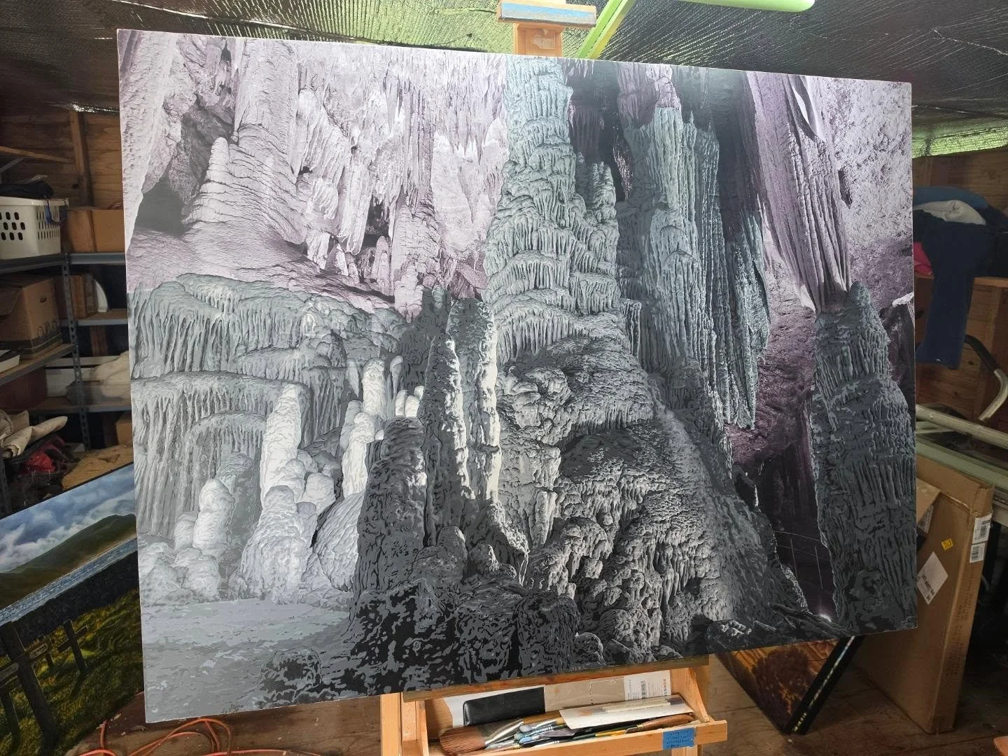 Current large scale painting of Luray Caverns I've been working on. As part of refining my process, I've switched to acrylic paint pens and begun painting directly on the original image. This helps me maximize detail.