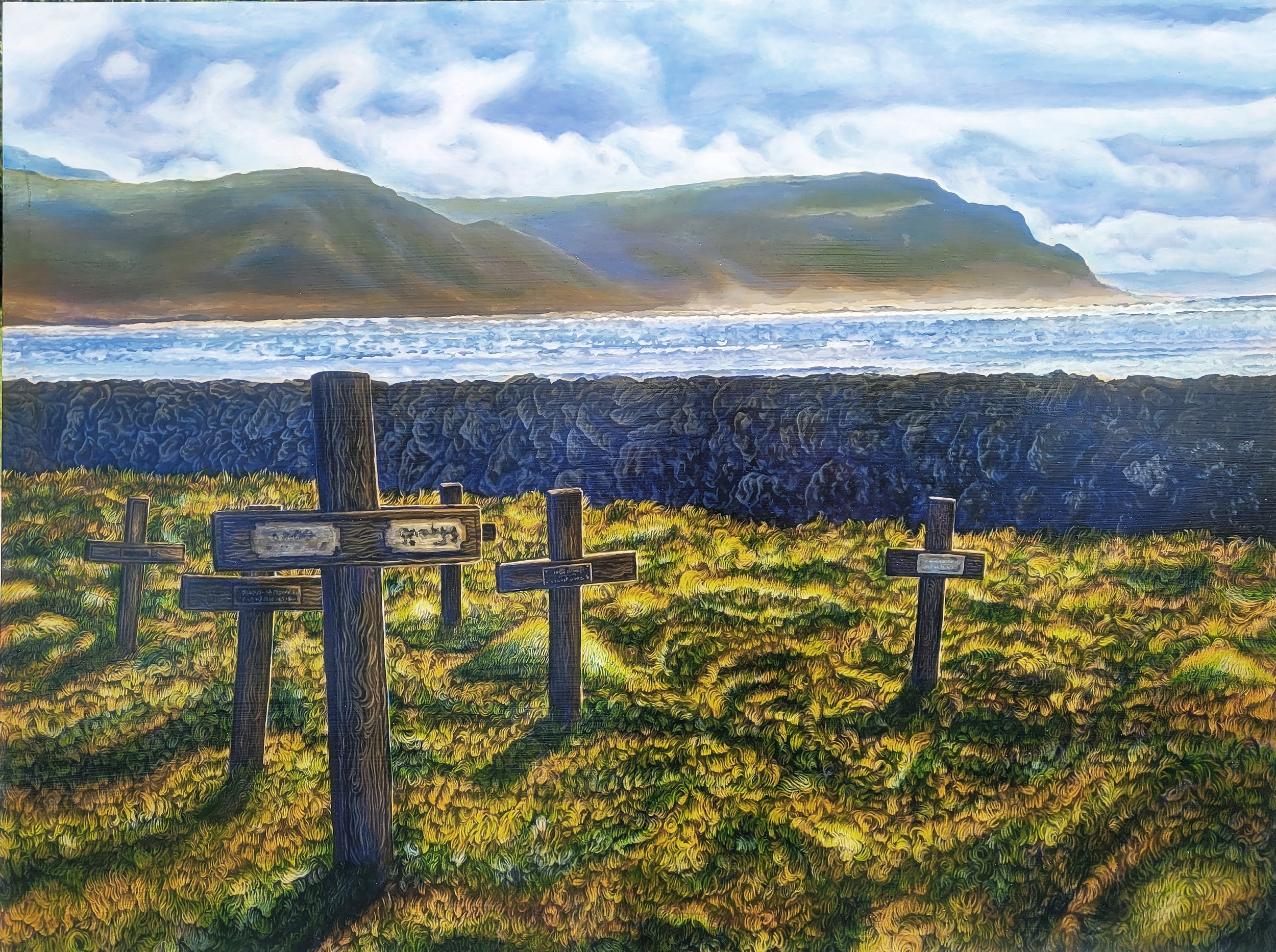Westfjords Cemetery. Oil and Acrylic on Panel. 30"x40". $5000