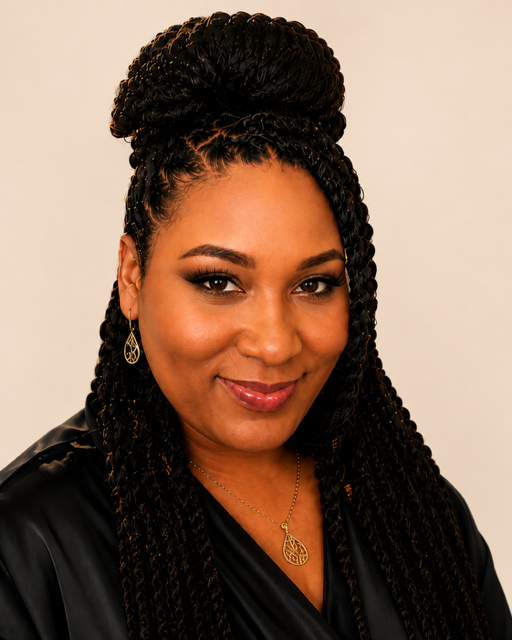 Portrait of a smiling woman with braided hair styled in an updo, wearing gold jewelry and a black top against a neutral background.