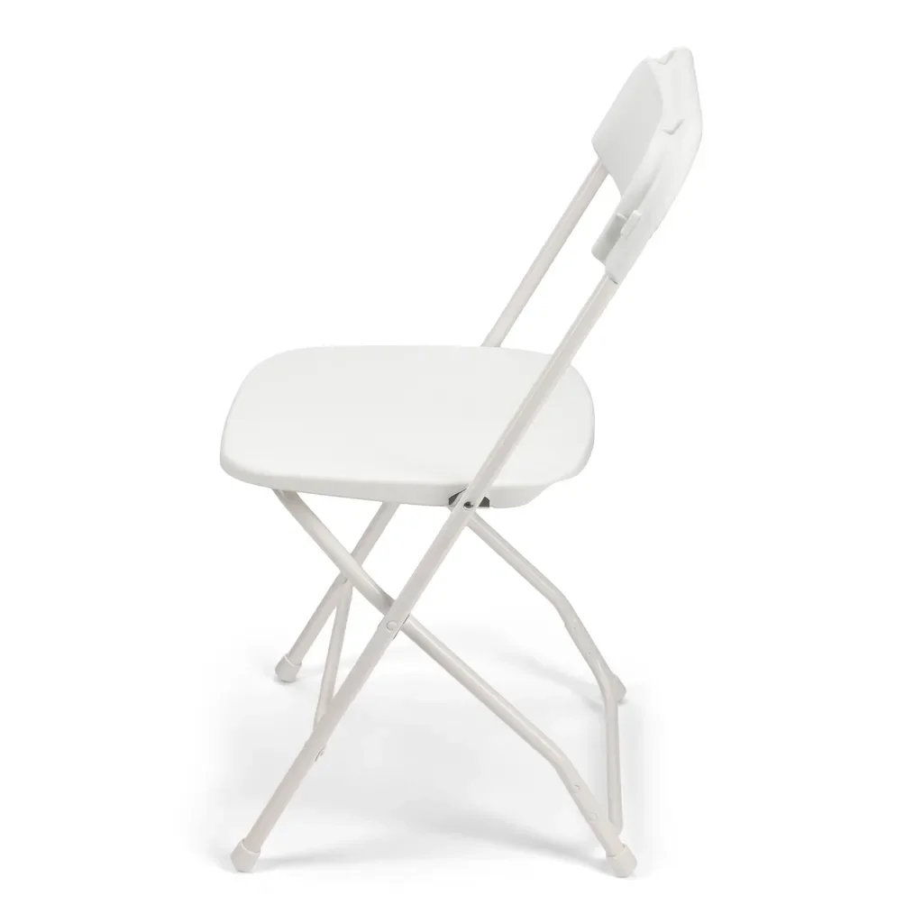 A white folding chair with a seat and backrest, designed for portable seating.