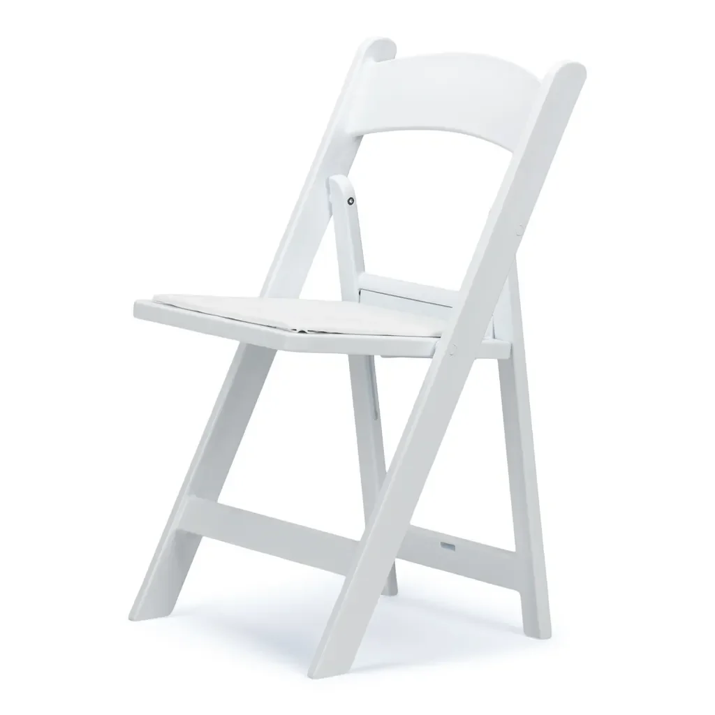 White folding chair against a plain background.