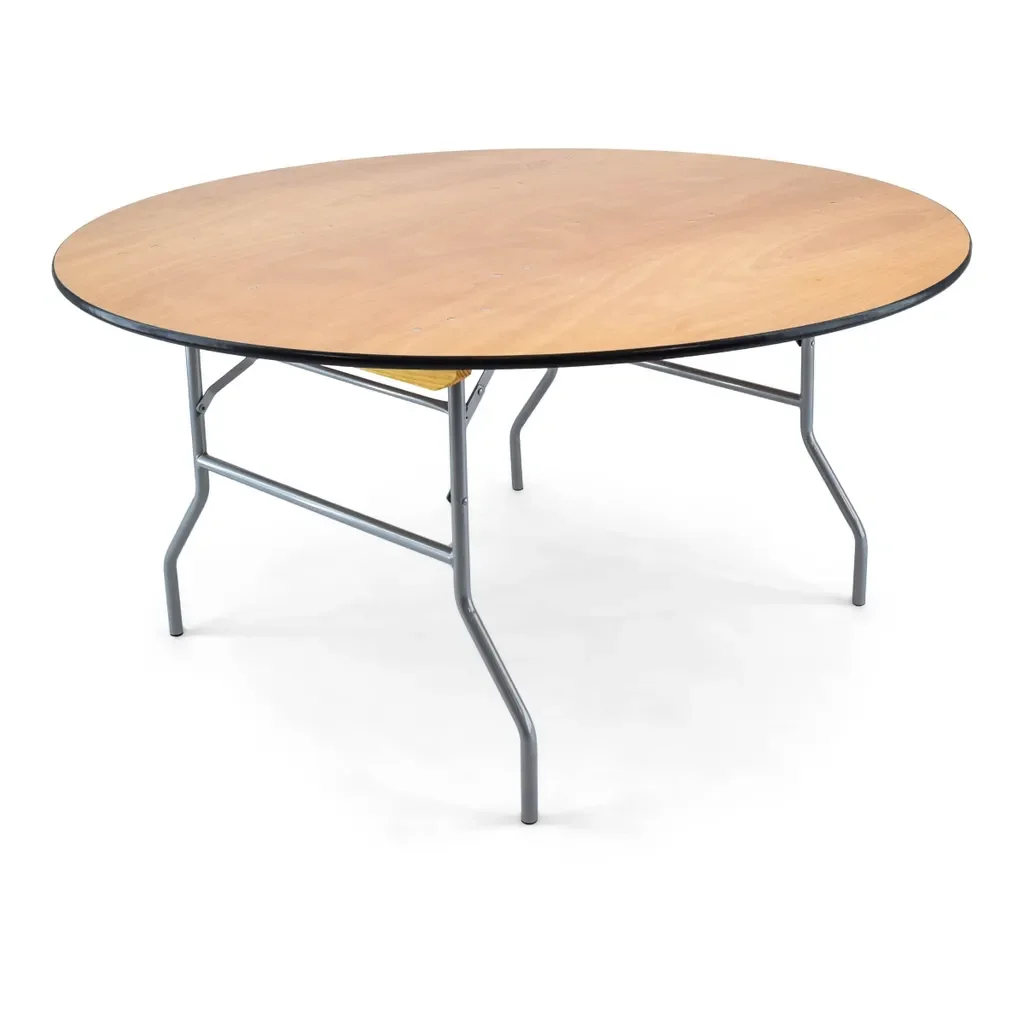 Round wooden table with metal legs on a white background.